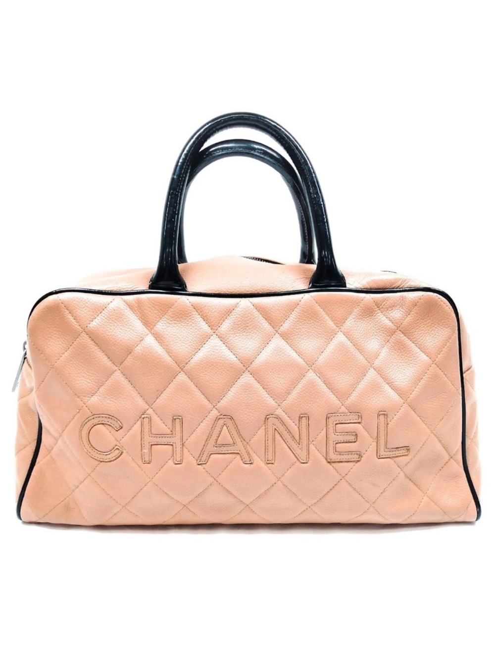 CHANEL Quilted Peach Leather Duffel with Black Handles